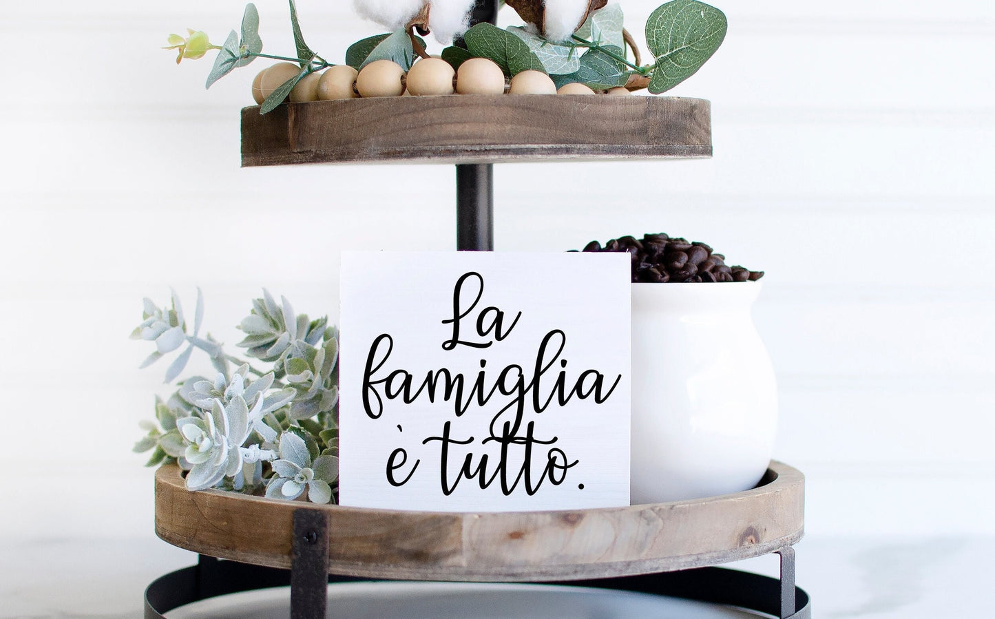 Italian signs for home, Italian farmhouse tiered tray signs,Italian gifts Christmas,La famiglia e tutto, mangia sign,benedici sign,la cucina