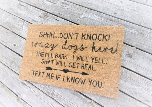 Do not knock crazy dogs, door mat dogs, do not knock sign crazy dogs, crazy dogs sign, funny dog lover gift, do not knock sign, dogs doormat