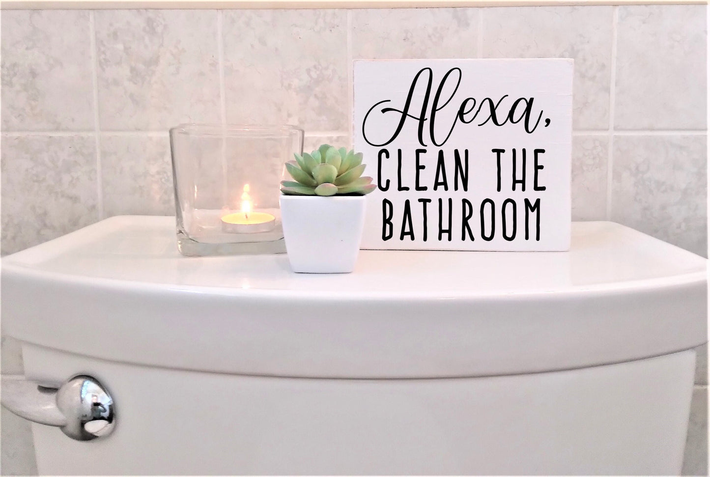 Funny bathroom signs, funny powder room decor, funny bathroom signs, Alexa clean the bathroom sign, powder room art, back of toilet decor