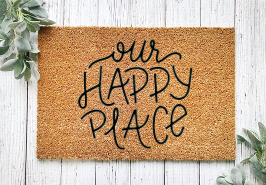Our happy place, front door mat, our happy place sign, happy place art, happy place welcome mat, vacation home decor, cabin decor,lake house