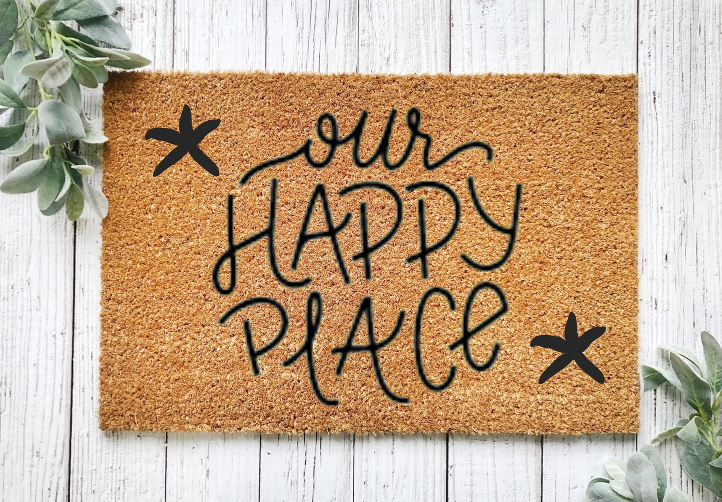 Our happy place, front door mat, our happy place sign, happy place art, happy place welcome mat, vacation home decor, cabin decor,lake house