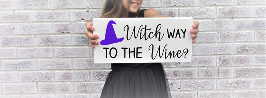 Funny Halloween Decor, Funny Halloween signs, funny witch decor, witch decorations, halloween decorations, witch way to the wine sign