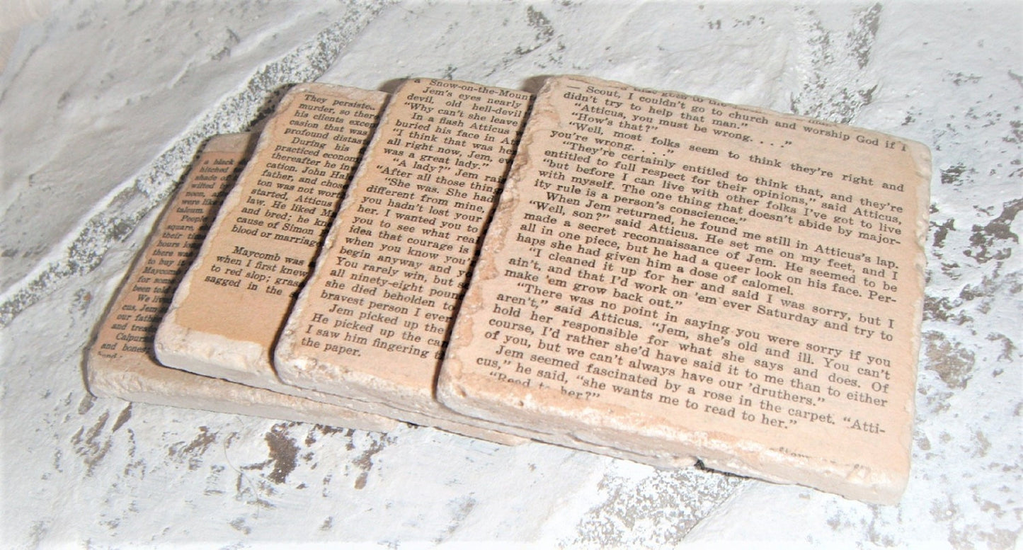 To Kill a Mockingbird, Harper Lee, book lover gifts, Vintage book page coasters, Atticus Finch, Scout Finch, book lover gifts for women