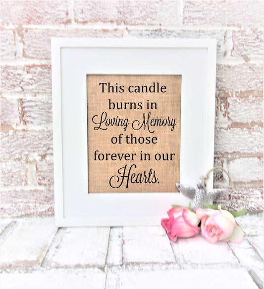 This candle burns in memory of those forever in our hearts, candle in memory of for wedding, in memory sign for wedding in memoriam sign
