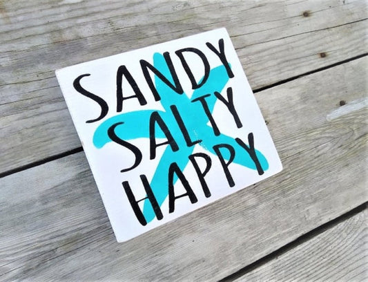 Sandy Salty Happy sign, Beach decor, Beach house decorations, Beach house decor, Beach signs, Beachy Signs, wood beach signs, starfish decor