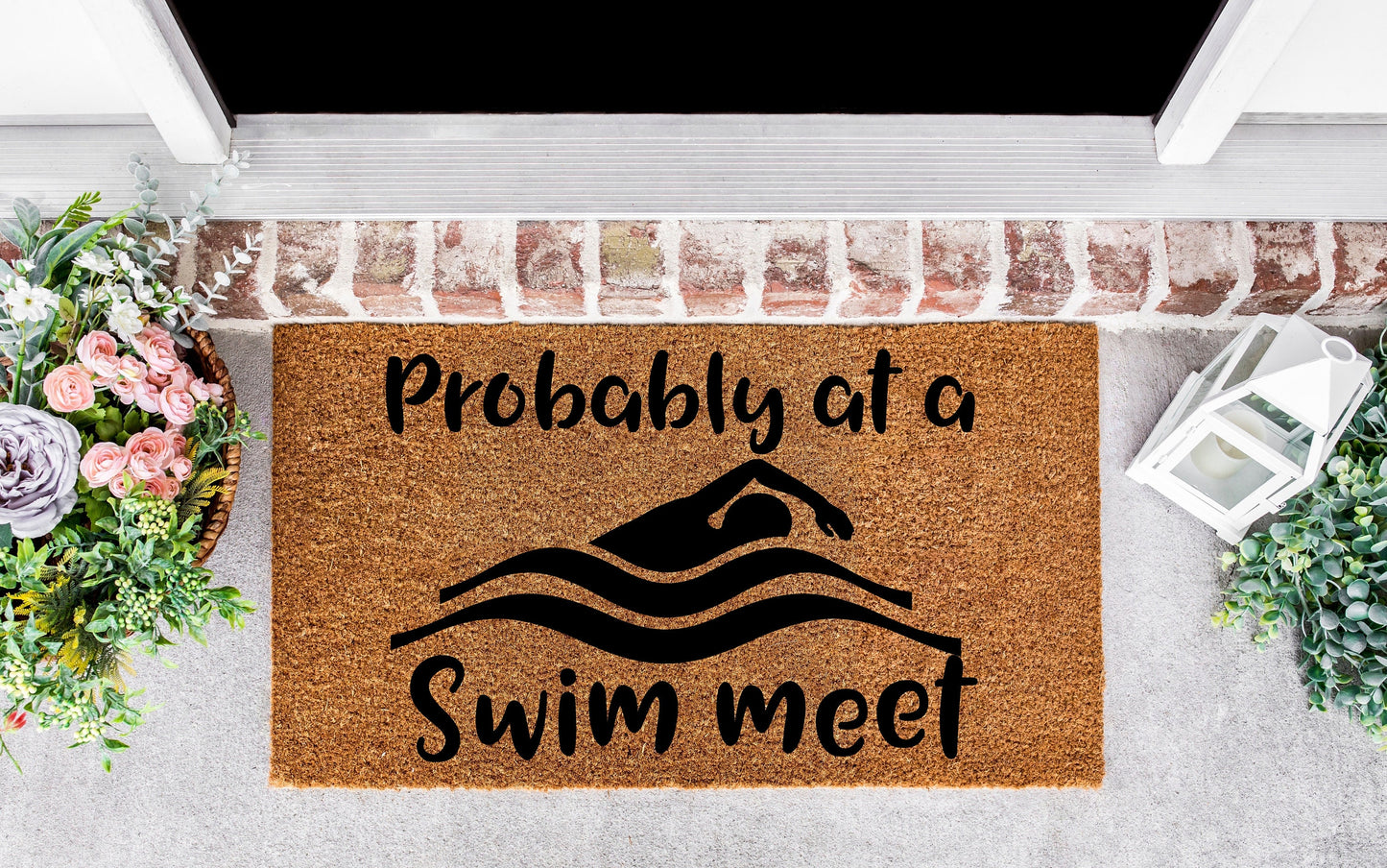 Probably at a swim meet door mat, swim team mom, swimmer gift, swim team gift, swim meet sign, funny doormat, swimming, swim meat, swim team
