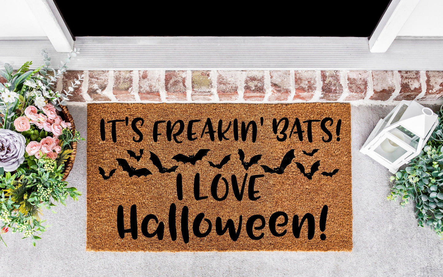 It's freaking bats I love Halloween, doormat Halloween, Bats Halloween, Bats flying, bats decor, doormats funny, the upside down, door mat