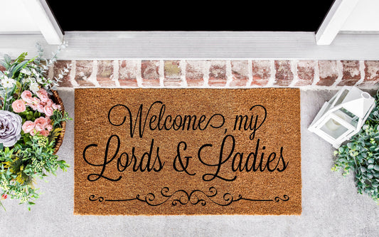 Welcome my Lords and Ladies, victorian decor, gothic decor for home, gothic rug, midevil decor, victorian decor oddities, door mat funny