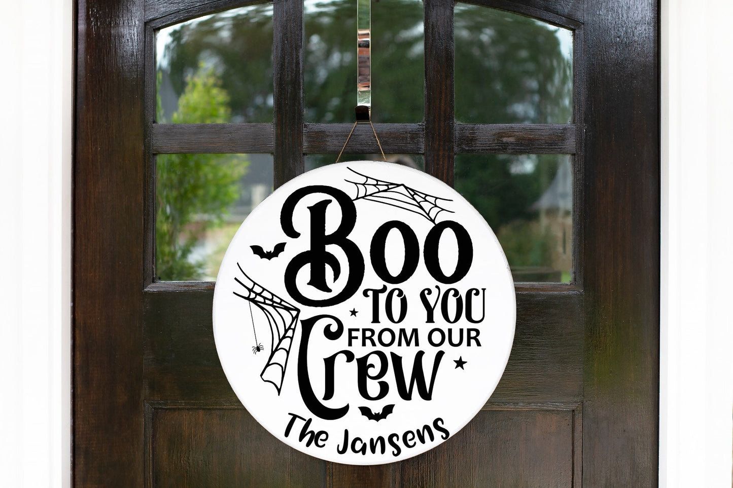 Boo to you from our crew, front door decor halloween, front door sign halloween, spooky decor, front door hanger halloween,personalized