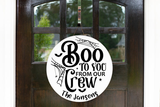 Boo to you from our crew, front door decor halloween, front door sign halloween, spooky decor, front door hanger halloween,personalized
