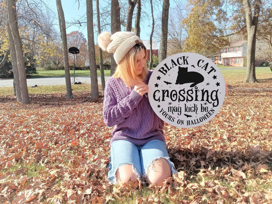 Black Cat Crossing, front door sign Halloween, front door decor halloween, front door hanger halloween, front door decor fall, black cat