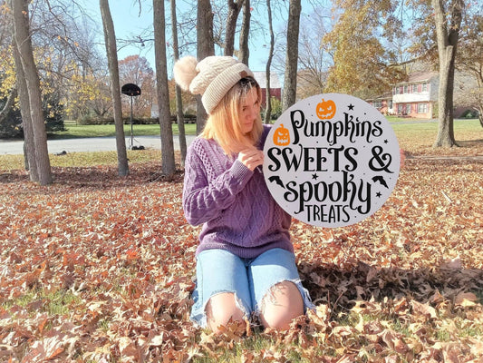 Pumpkins Sweets and Spooky Treats, halloween party decorations, halloween door sign, front door decor halloween, front door hanger,pink