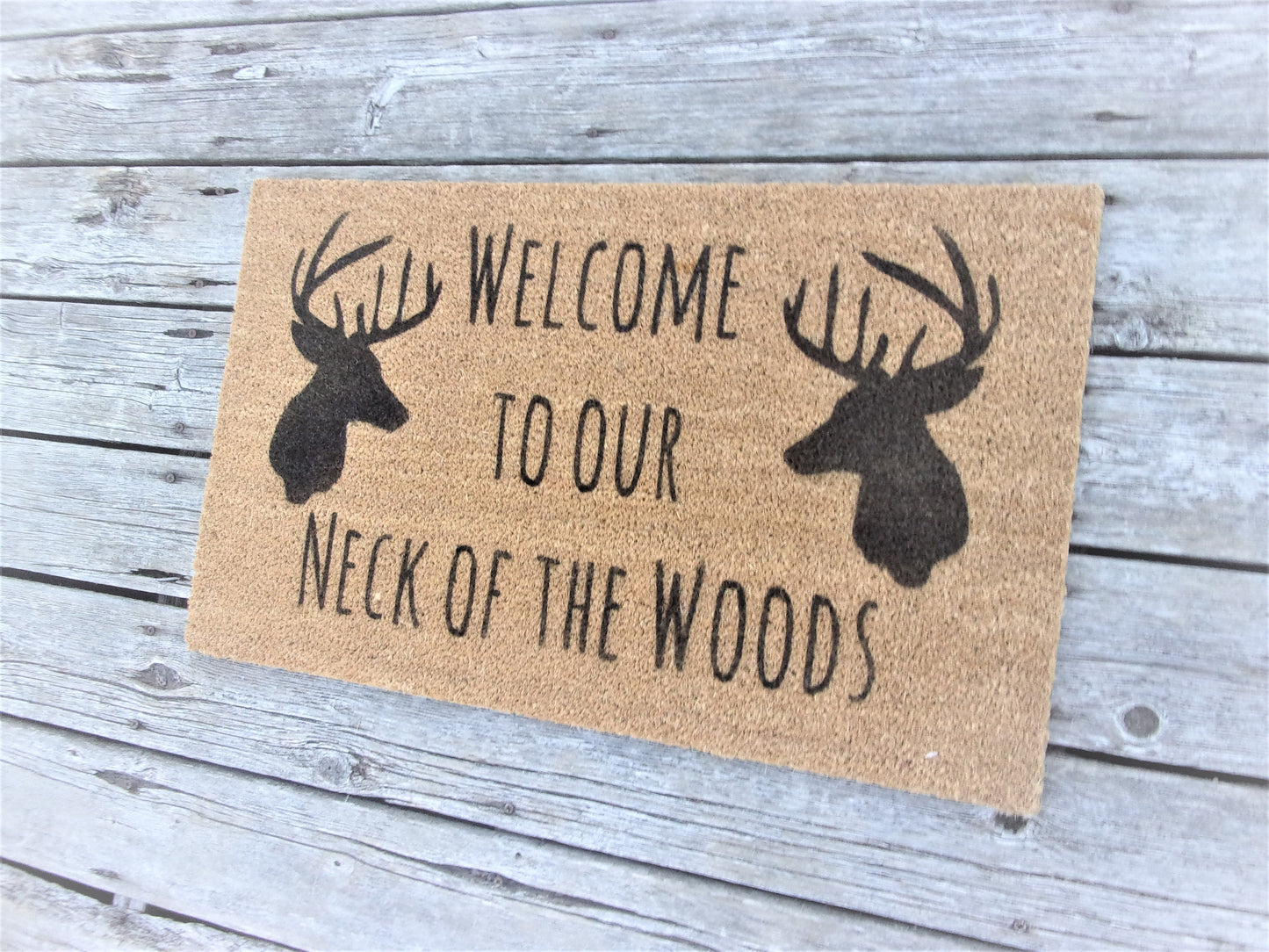 Deer antlers decor, cabin decor, Welcome to our neck of the woods, door mat, cabin decor rustic, farmhouse doormat, farmhouse decor