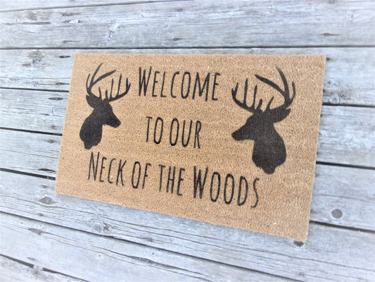 Deer antlers decor, cabin decor, Welcome to our neck of the woods, door mat, cabin decor rustic, farmhouse doormat, farmhouse decor