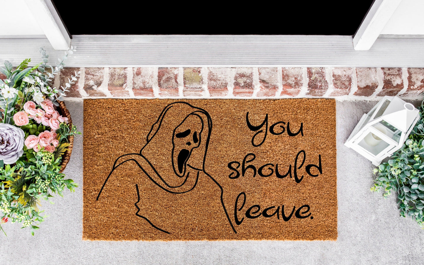 You should leave door sign, door sign halloween, door hanger funny halloween, funny halloween doormat, halloween decor for home, scream