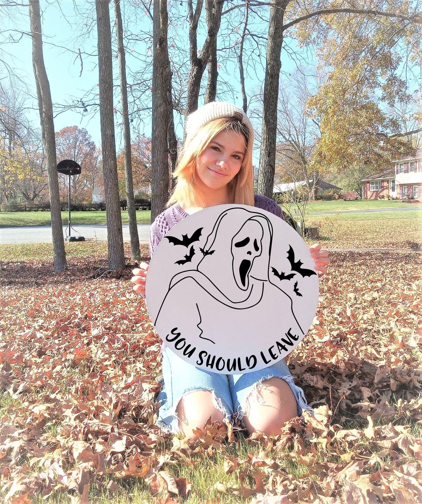 You should leave door sign, door sign halloween, door hanger funny halloween, funny halloween doormat, halloween decor for home, scream